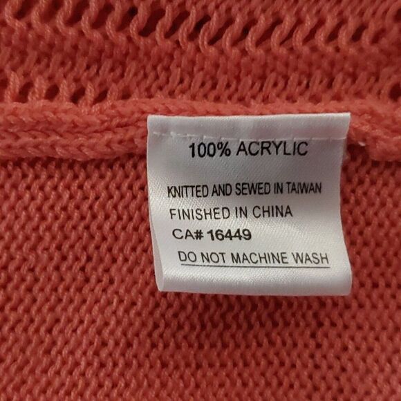 Open Knit Crochet Cardigan Sweater S One Button Front 3/4 Sleeves Coral Orange - Picture 4 of 5